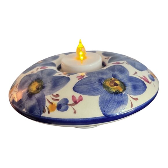 A.J. Other - Porcelain Round Votive Tea Light Holder Hand Painted in Portugal Floral Pedestal